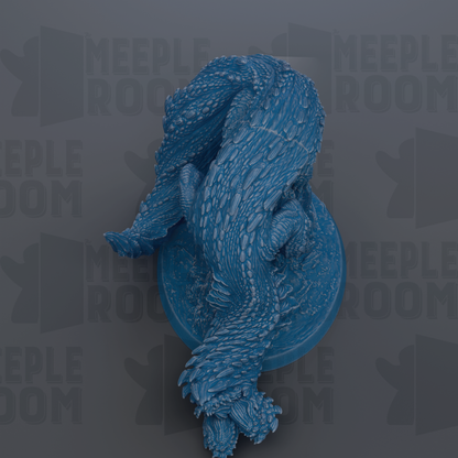 A blue, textured dragon figurine is displayed against a dark background with repeated text.