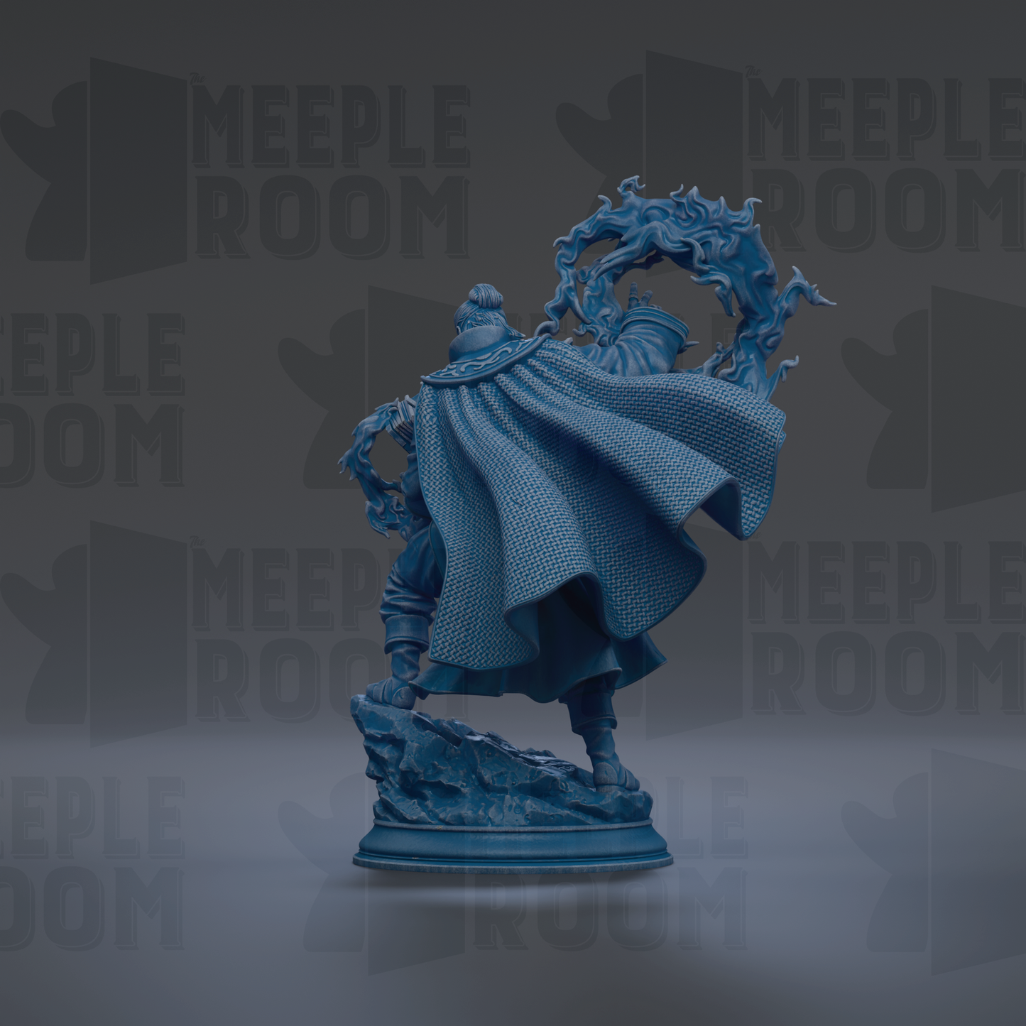 A 3D rendering of a blue statue of a figure with a flowing cape, standing on a rock.