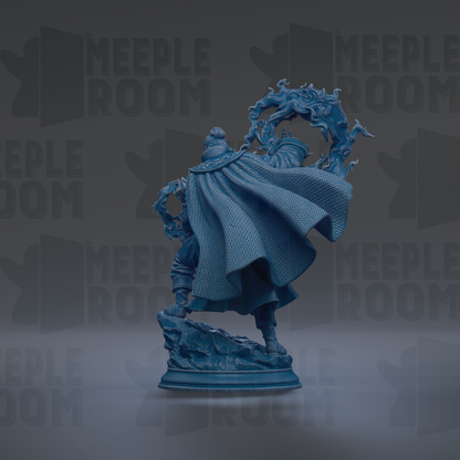 A 3D rendering of a blue statue of a figure with a flowing cape, standing on a rock.