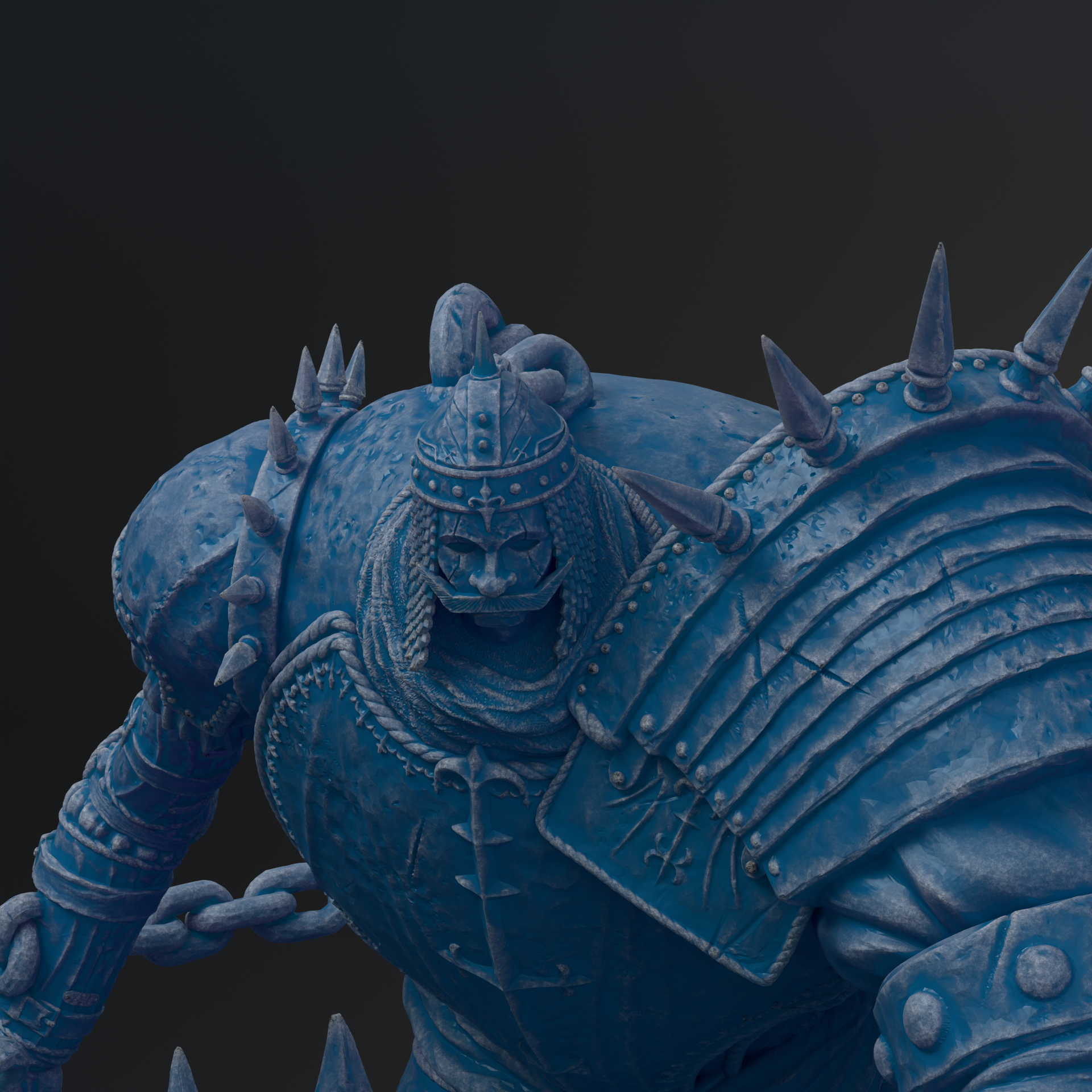 A detailed 3D rendering of a heavily armored and battle-ready warrior figure, with intricate details and spikes on its armor.