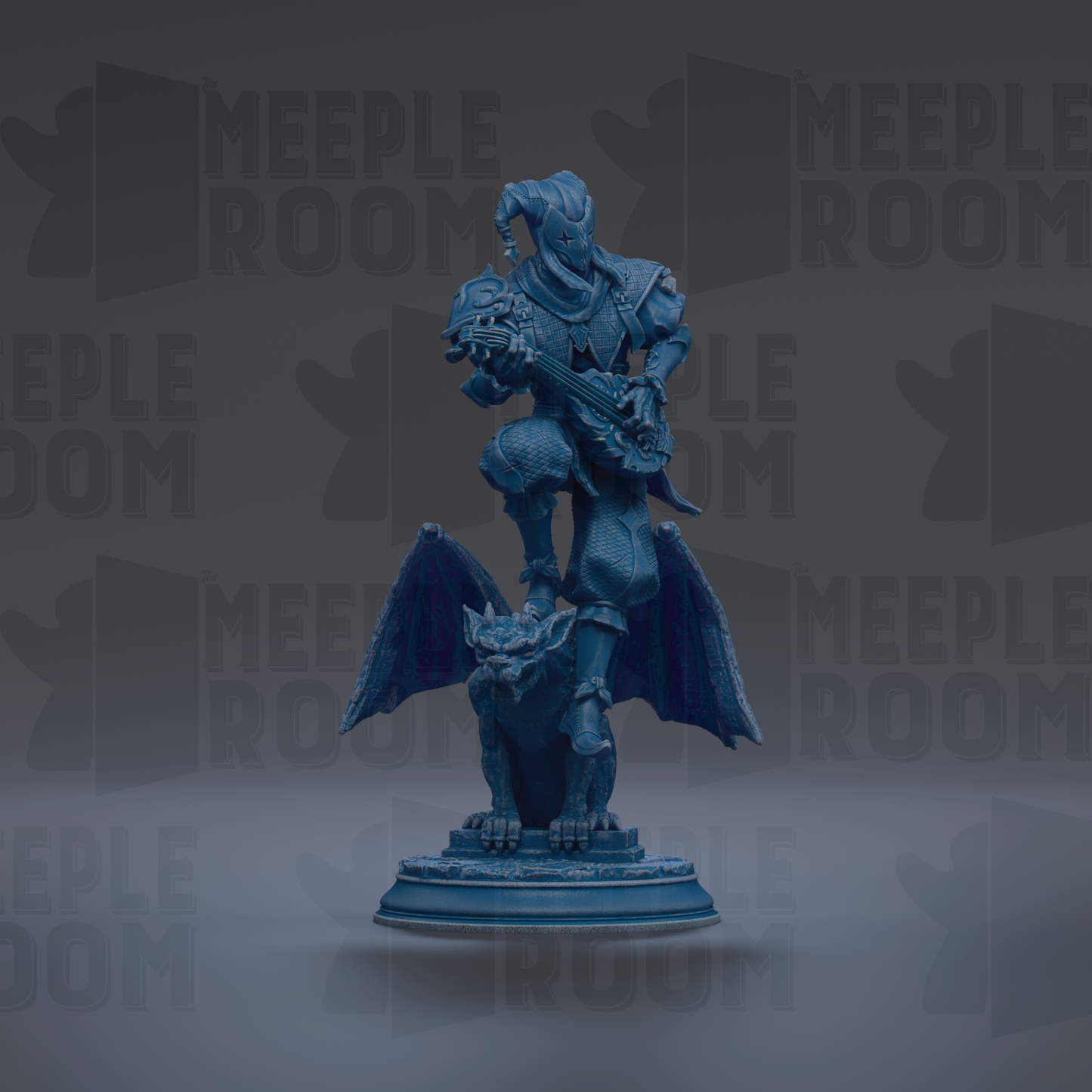 A blue statue of a winged creature, possibly a dragon or mythical beast, standing on a pedestal.
