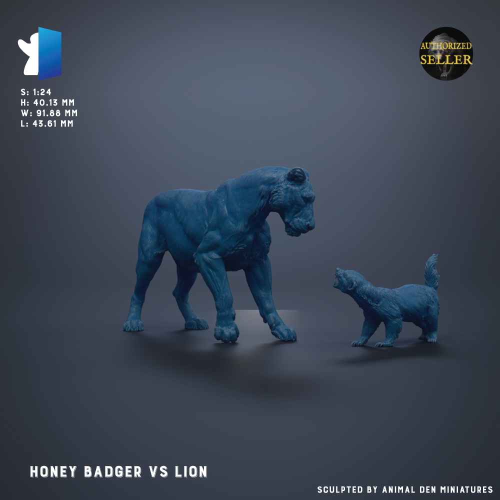 two figurines - a honey badger and a lion - standing next to each other against a dark background.
