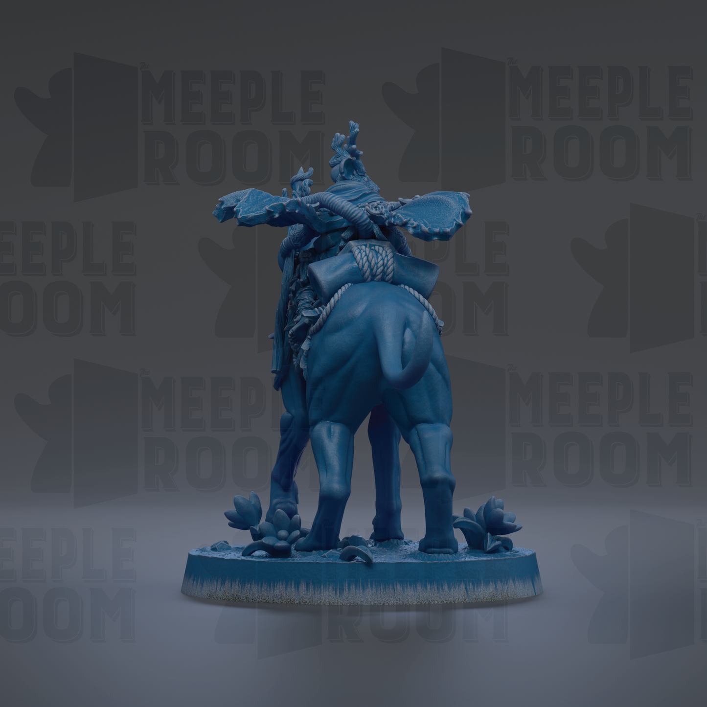 A blue figurine of a person riding a horse, with the text "MEEPLE ROOM" repeated in the background.