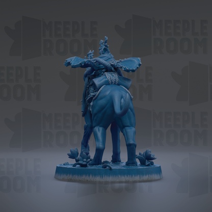 A blue figurine of a person riding a horse, with the text "MEEPLE ROOM" repeated in the background.