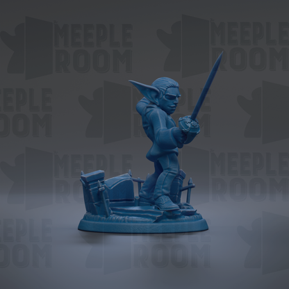 A blue figurine of a character holding a sword stands on a base against a dark background with repeated text.