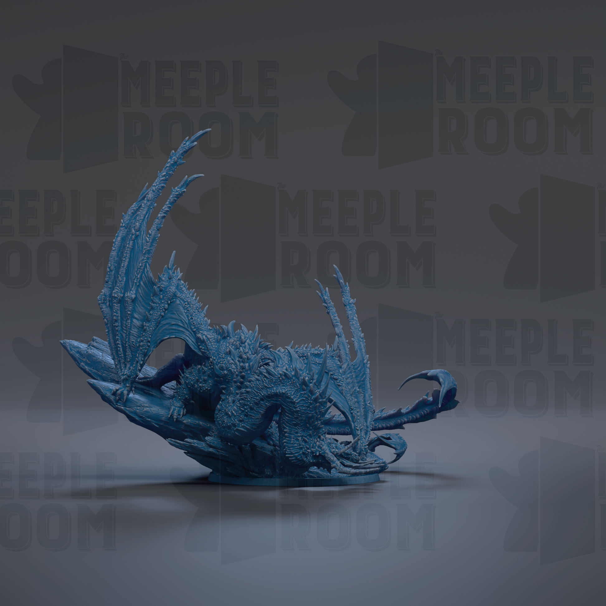 A 3D rendering of a blue dragon-like creature with sharp teeth and claws, standing on a platform.