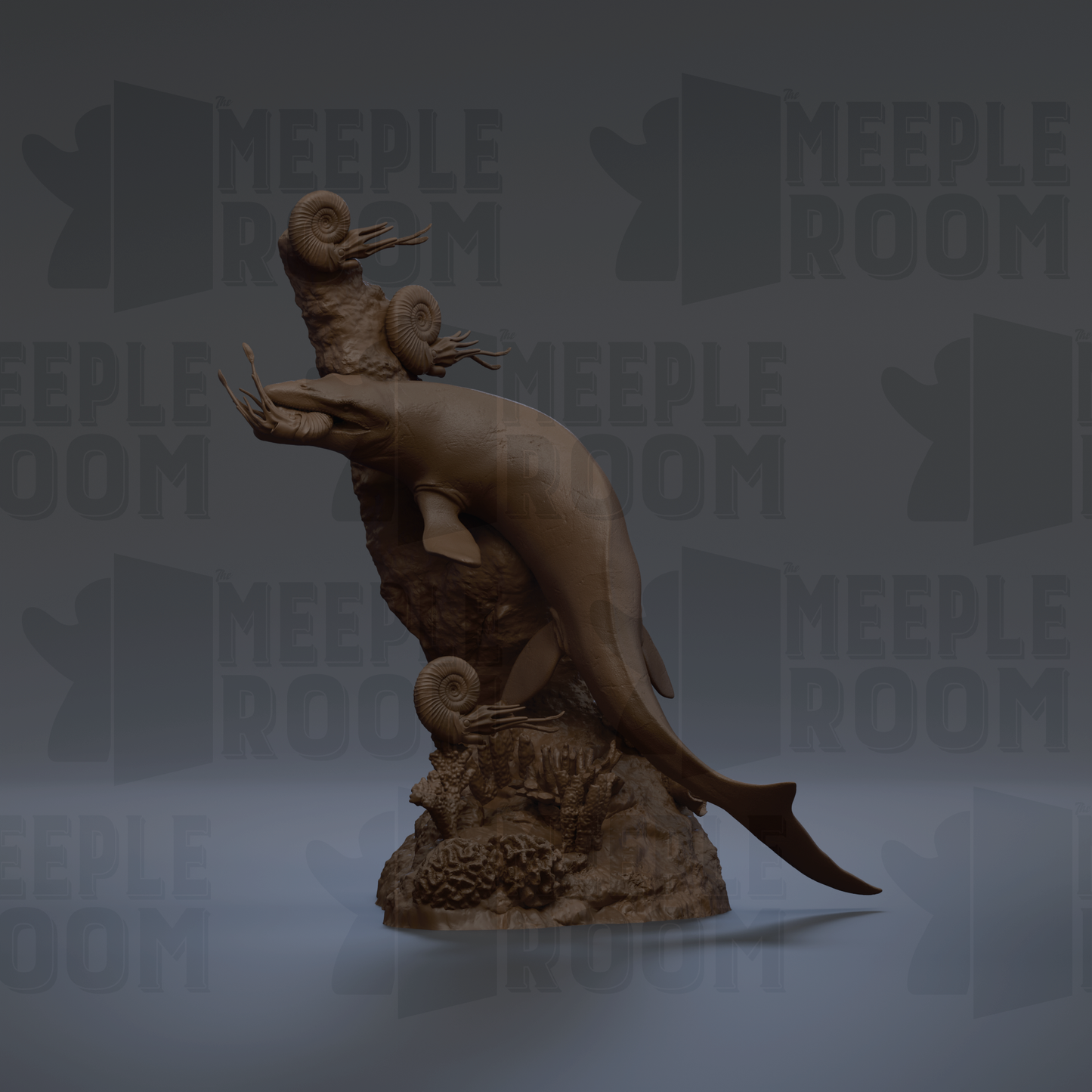 a 3D model of a marine creature, possibly a fish or a sea animal, sitting on a rock formation.