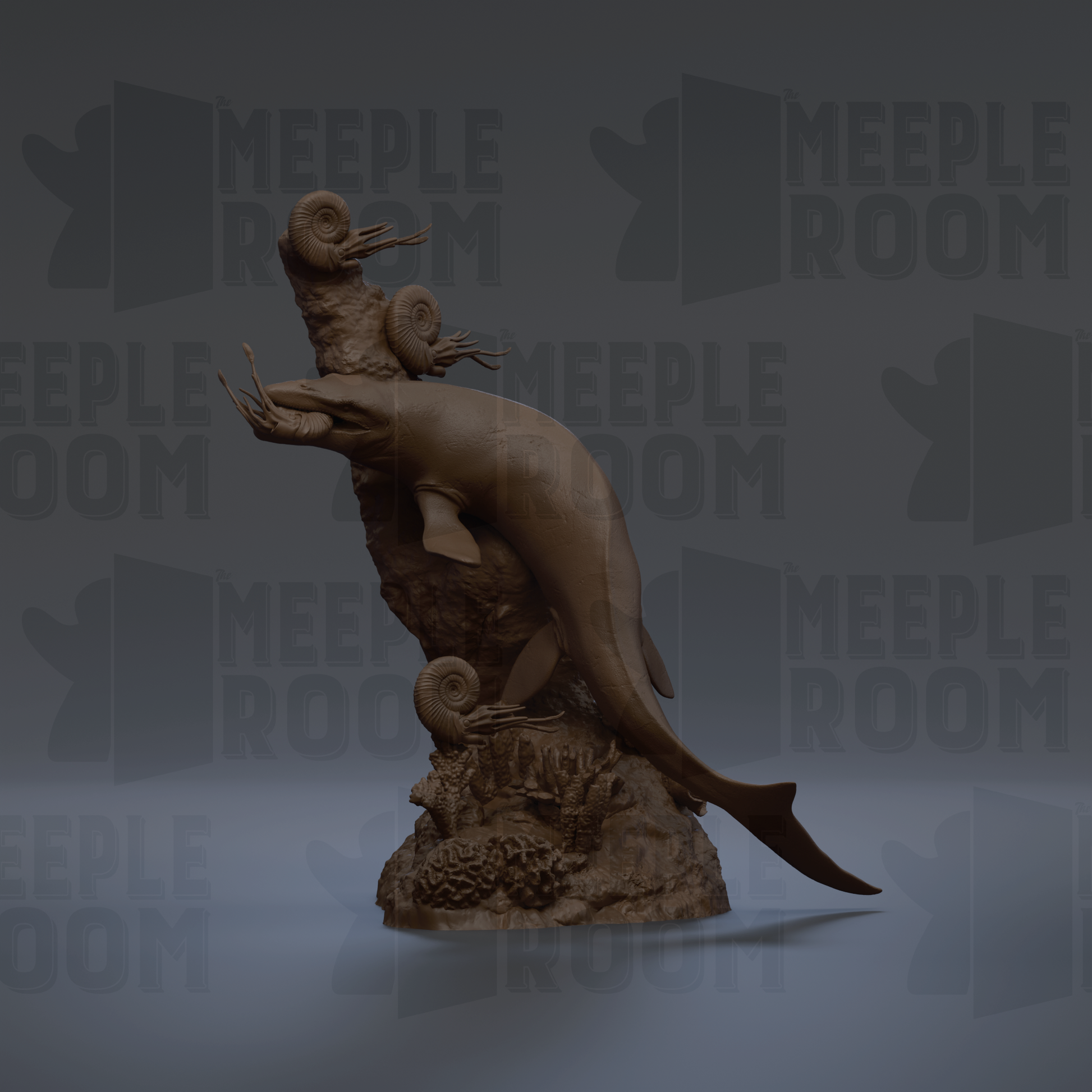 a 3D model of a marine creature, possibly a fish or a sea animal, sitting on a rock formation.