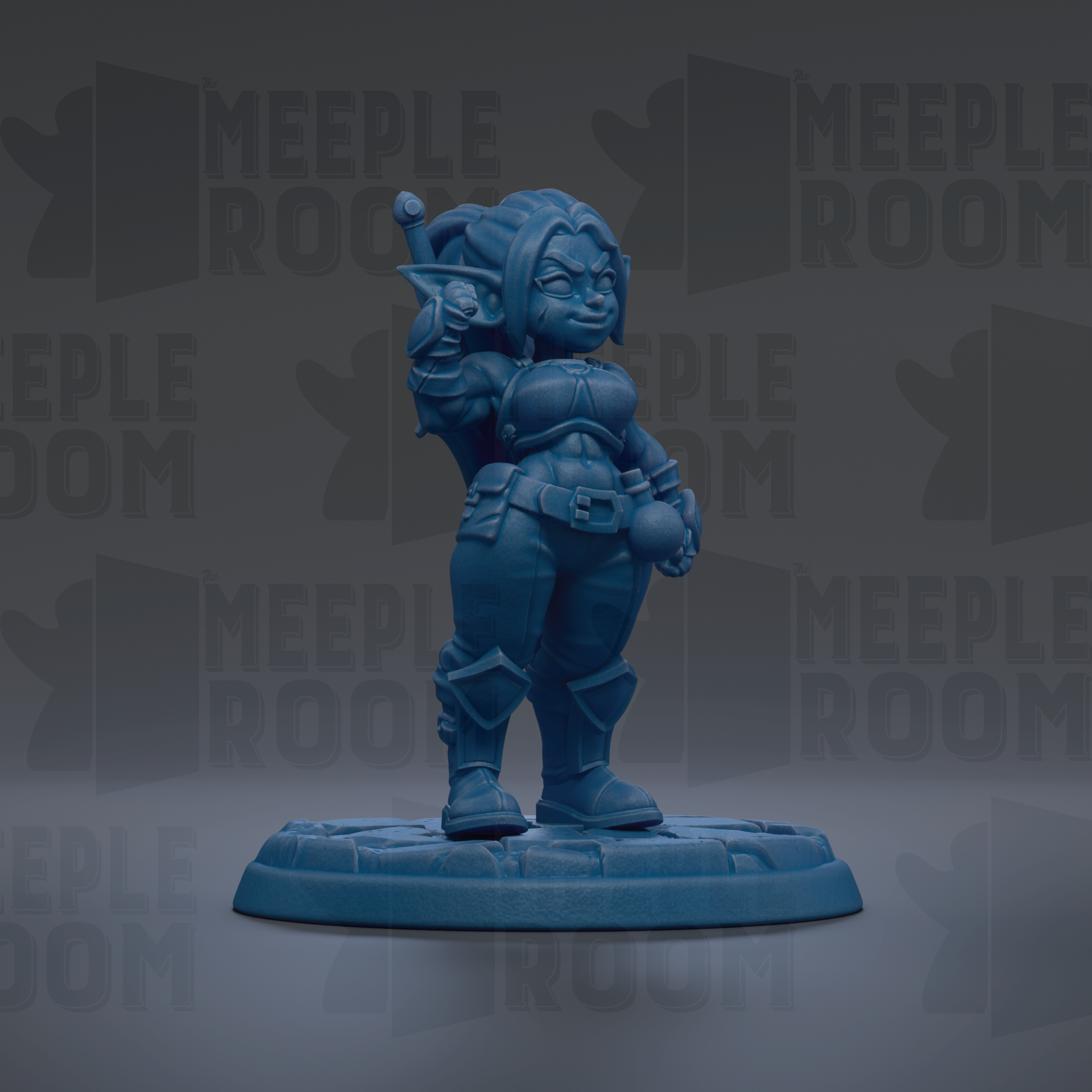 A blue figurine of a female character with a determined expression, standing on a base and holding a weapon.