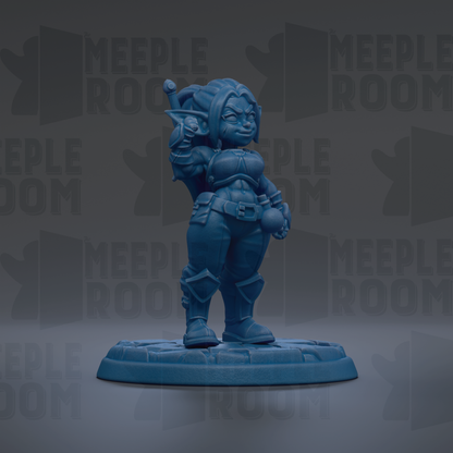 A blue figurine of a female character with a determined expression, standing on a base and holding a weapon.