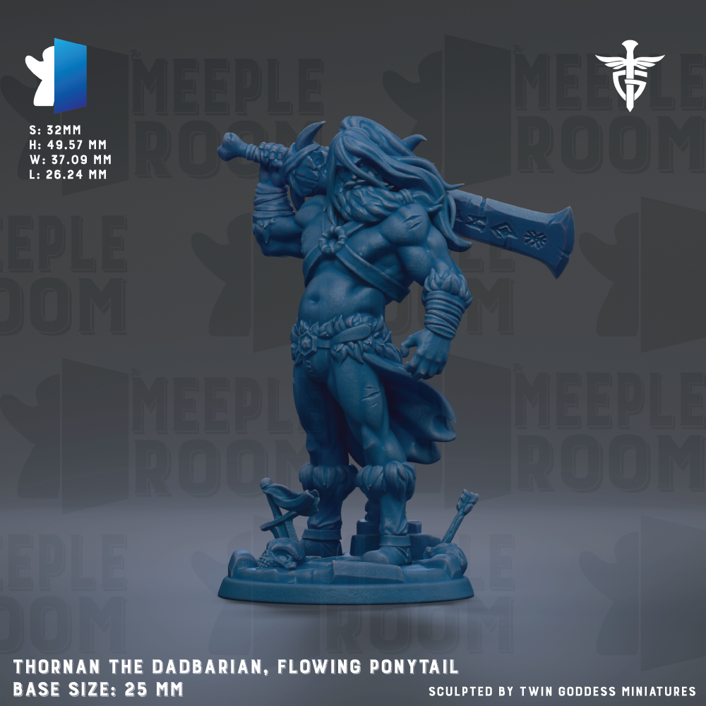 The image is a figurine of a man with long hair and a flowing ponytail, holding a sword and standing on a base. The figurine is described as "Thorn the Daddarian, Flowing Ponytail" and is "Base Size: 25mm". The image is a collage of multiple images, and it is not a description of a single image.