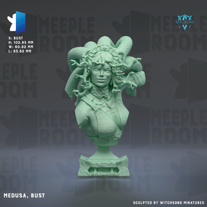 The image is a bust sculpture of Medusa, created by Witchesong Miniatures. The sculpture is green and depicts the ancient Greek figure of Medusa, known for her snakes and monstrous appearance. The bust is displayed against a dark background, highlighting its intricate details and craftsmanship.
