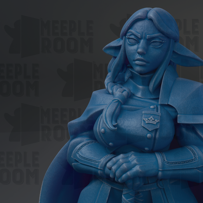 A blue statue of a female character with a crown, wearing a cape and holding a sword, is the main focus of the image.