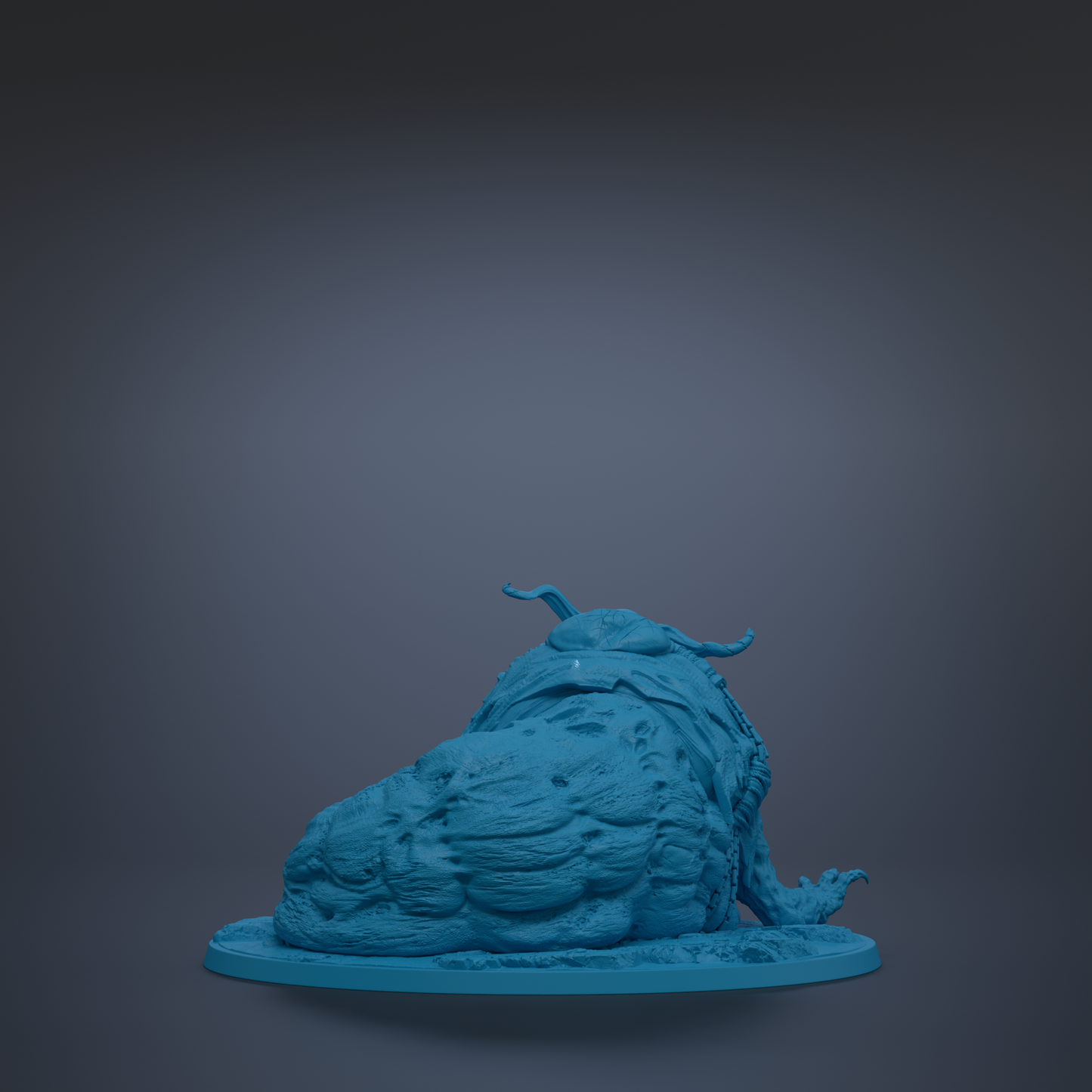 A blue, 3D-rendered statue of a large, furry creature with horns sits on a blue base against a dark background.