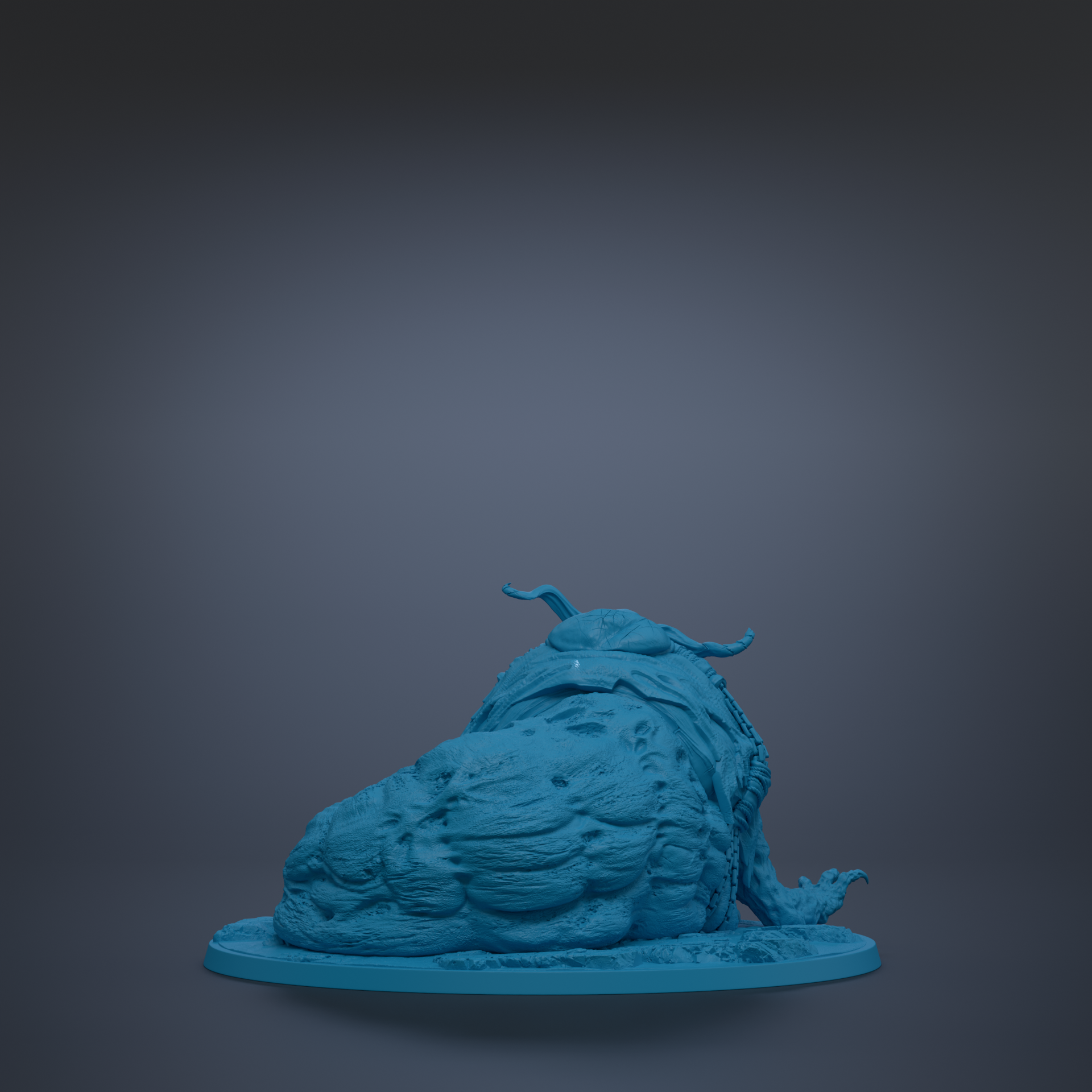 A blue, 3D-rendered statue of a large, furry creature with horns sits on a blue base against a dark background.