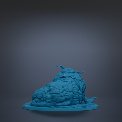 A blue, 3D-rendered statue of a large, furry creature with horns sits on a blue base against a dark background.