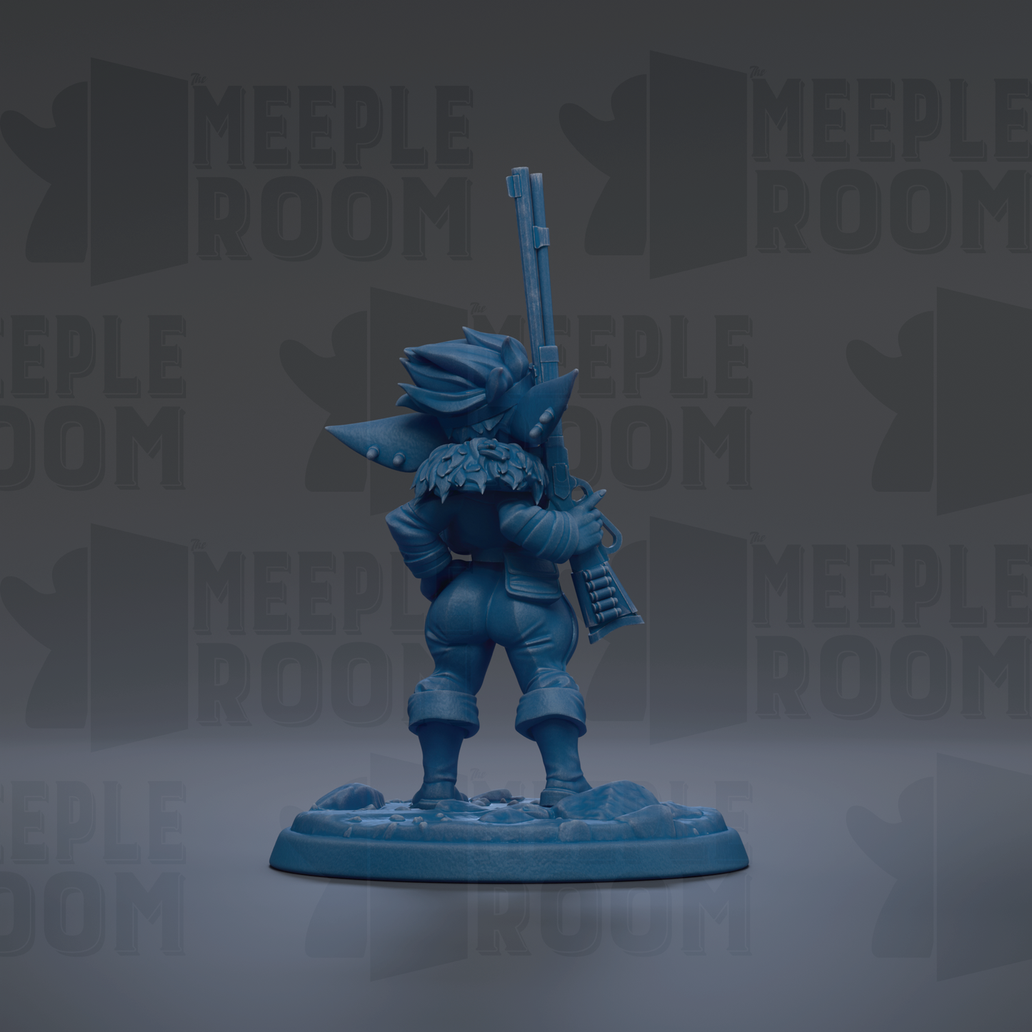 A blue figurine of a character holding a gun stands on a base against a dark background with repeated text.