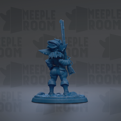 A blue figurine of a character holding a gun stands on a base against a dark background with repeated text.
