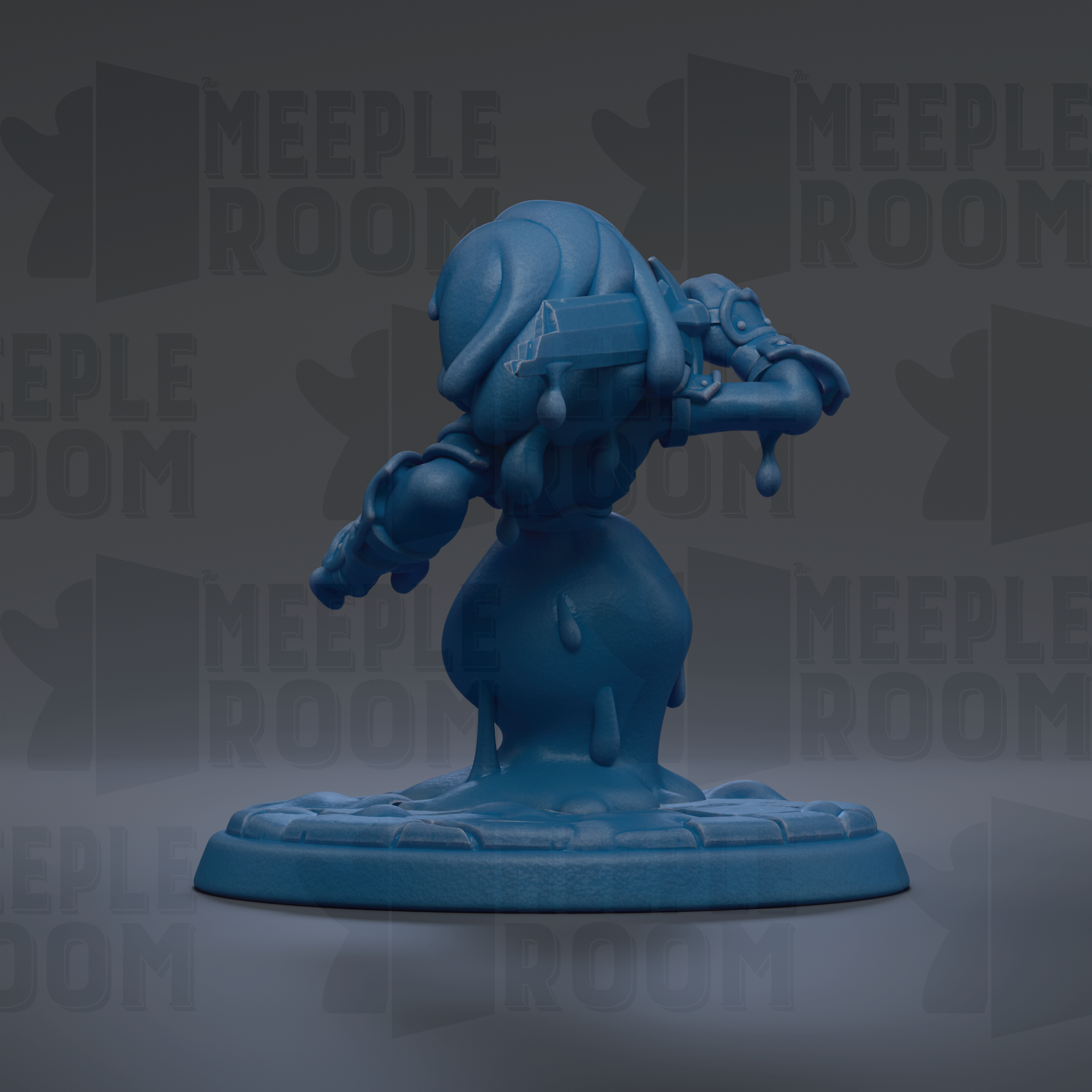 A blue, cartoonish figurine with a large head and a sword, sitting on a base.