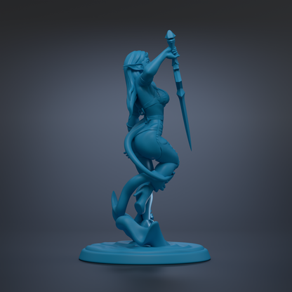 A blue 3D model of a female character holding a sword and standing on a platform.