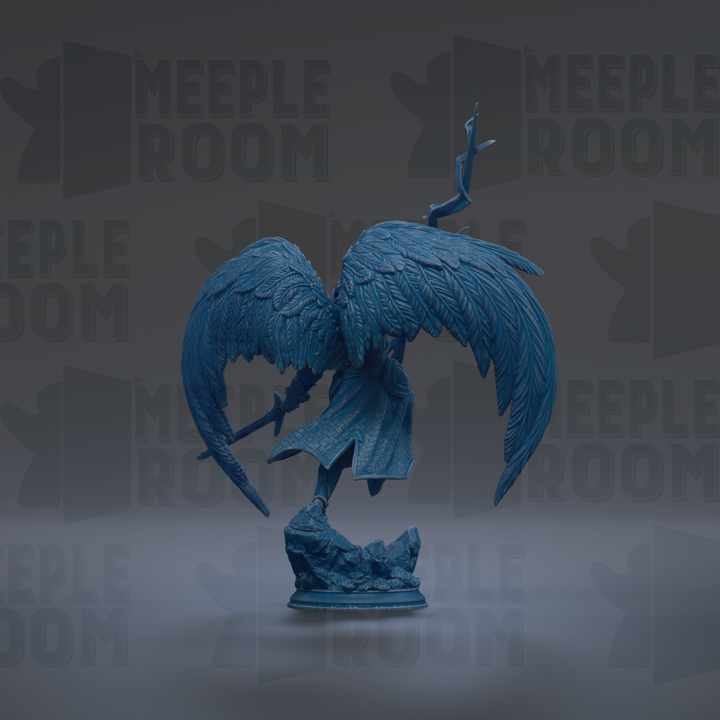 A blue figurine of a winged figure with a sword stands against a dark background with repeated text.