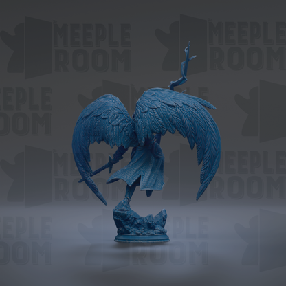 A blue figurine of a winged figure with a sword stands against a dark background with repeated text.