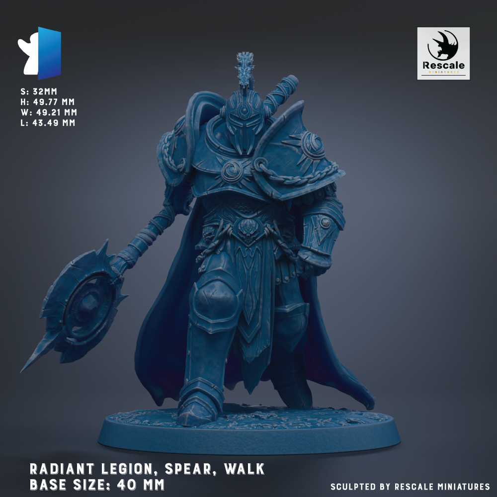 a detailed model of a warrior figure, specifically a radiant legion, spear, and walk, with a focus on the warrior's armor and weapon.