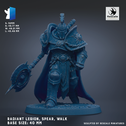 a detailed model of a warrior figure, specifically a radiant legion, spear, and walk, with a focus on the warrior's armor and weapon.