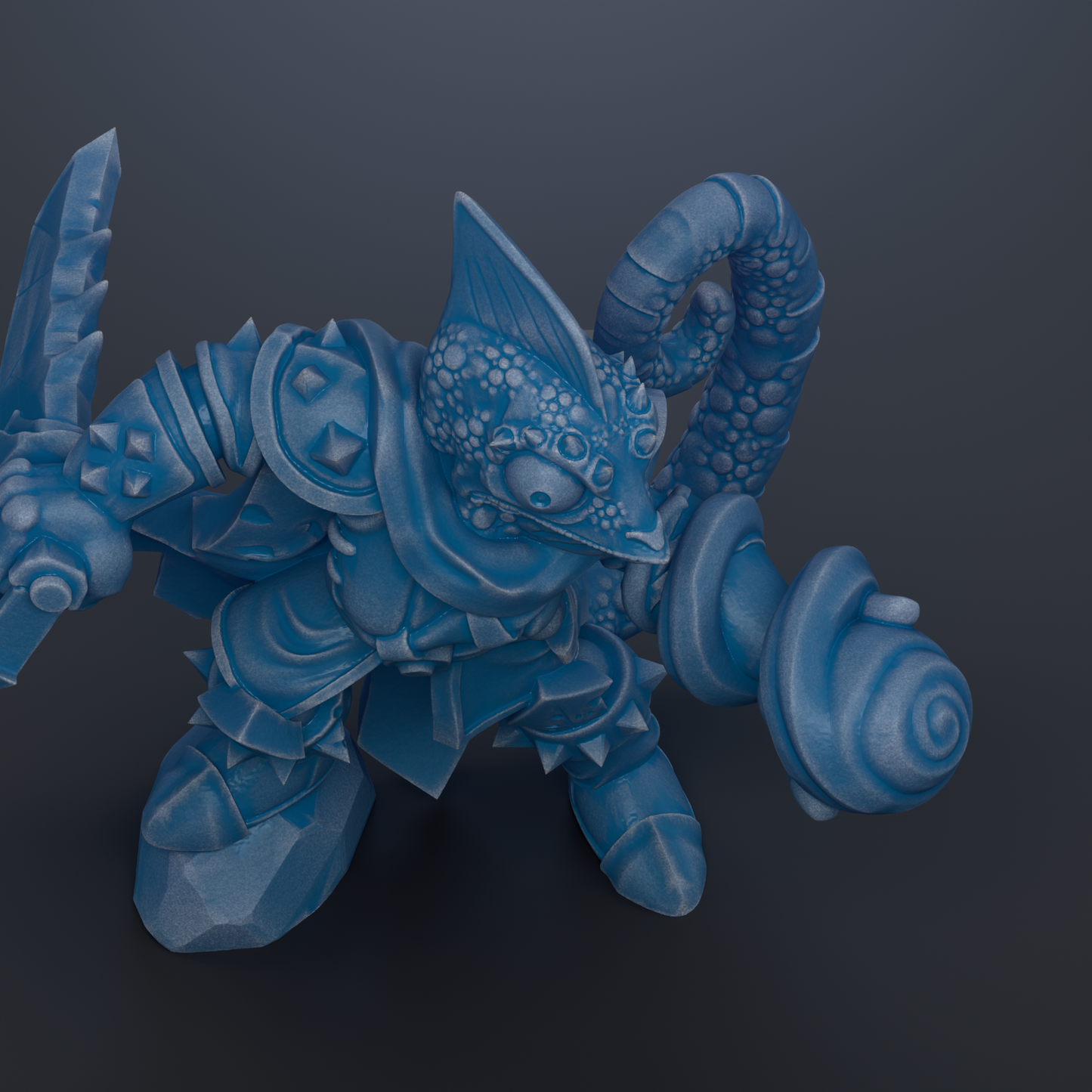 A 3D rendering of a blue, armored chameleon-like creature with sharp weapons, standing on a rock and holding a spiral-shaped object.