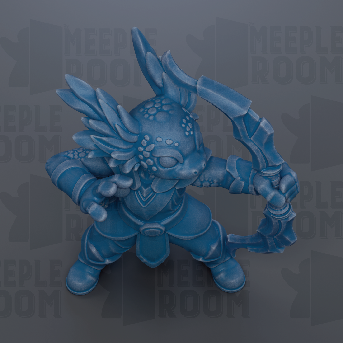 A blue, winged figurine holding a weapon, standing against a dark background with repeated text.
