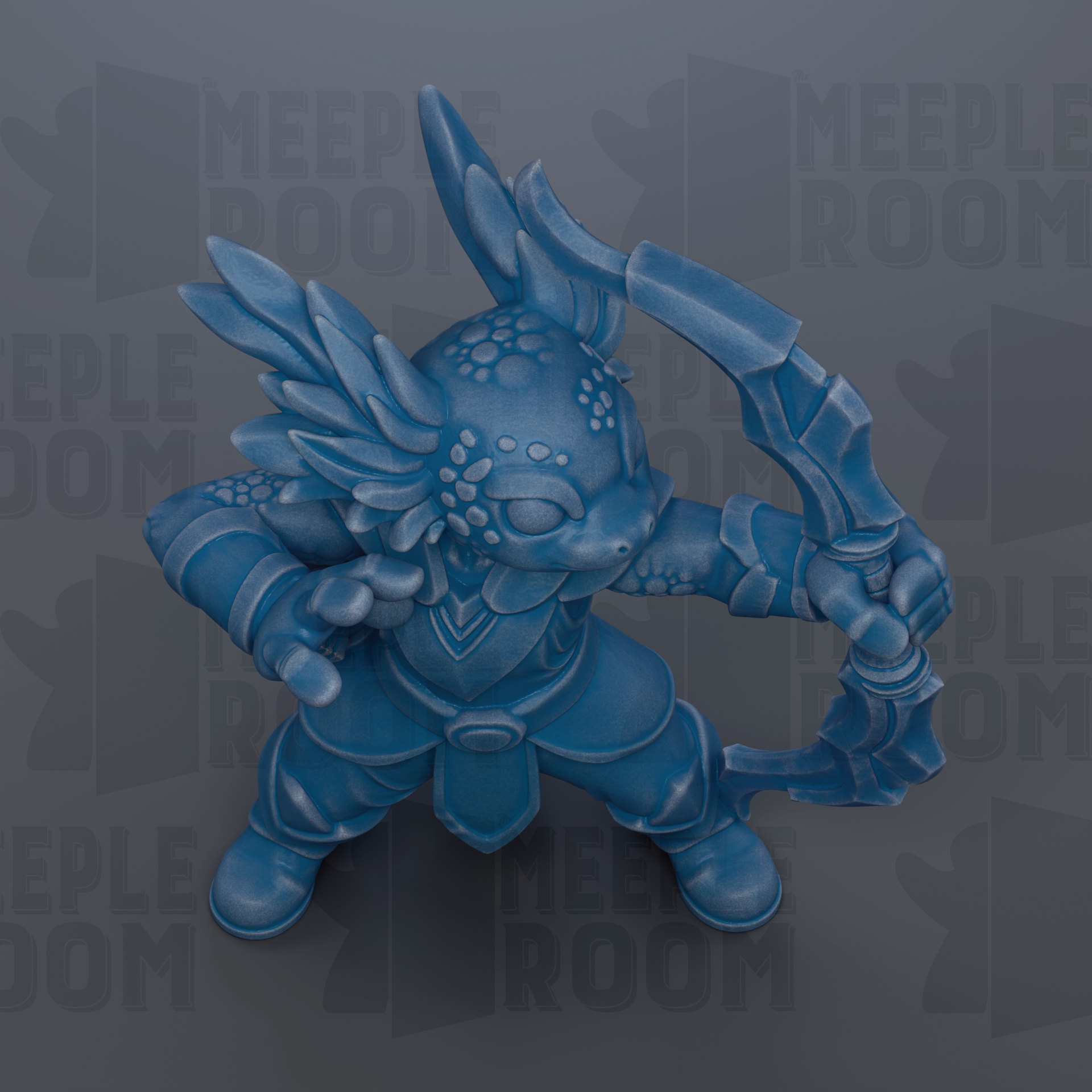 A blue, winged figurine holding a weapon, standing against a dark background with repeated text.
