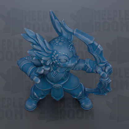 A blue, winged figurine holding a weapon, standing against a dark background with repeated text.