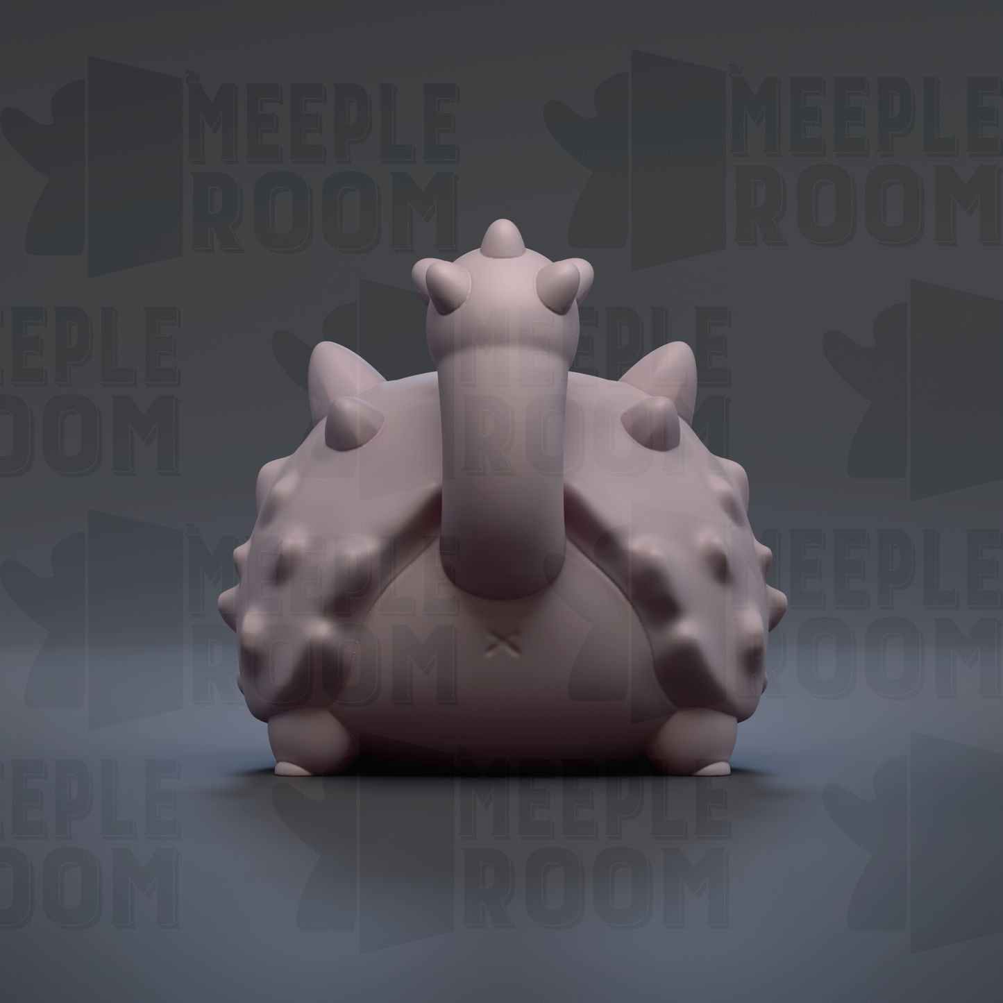 A 3D rendering of a stylized, abstract creature with a large head and spikes, set against a dark background with repeated text.
