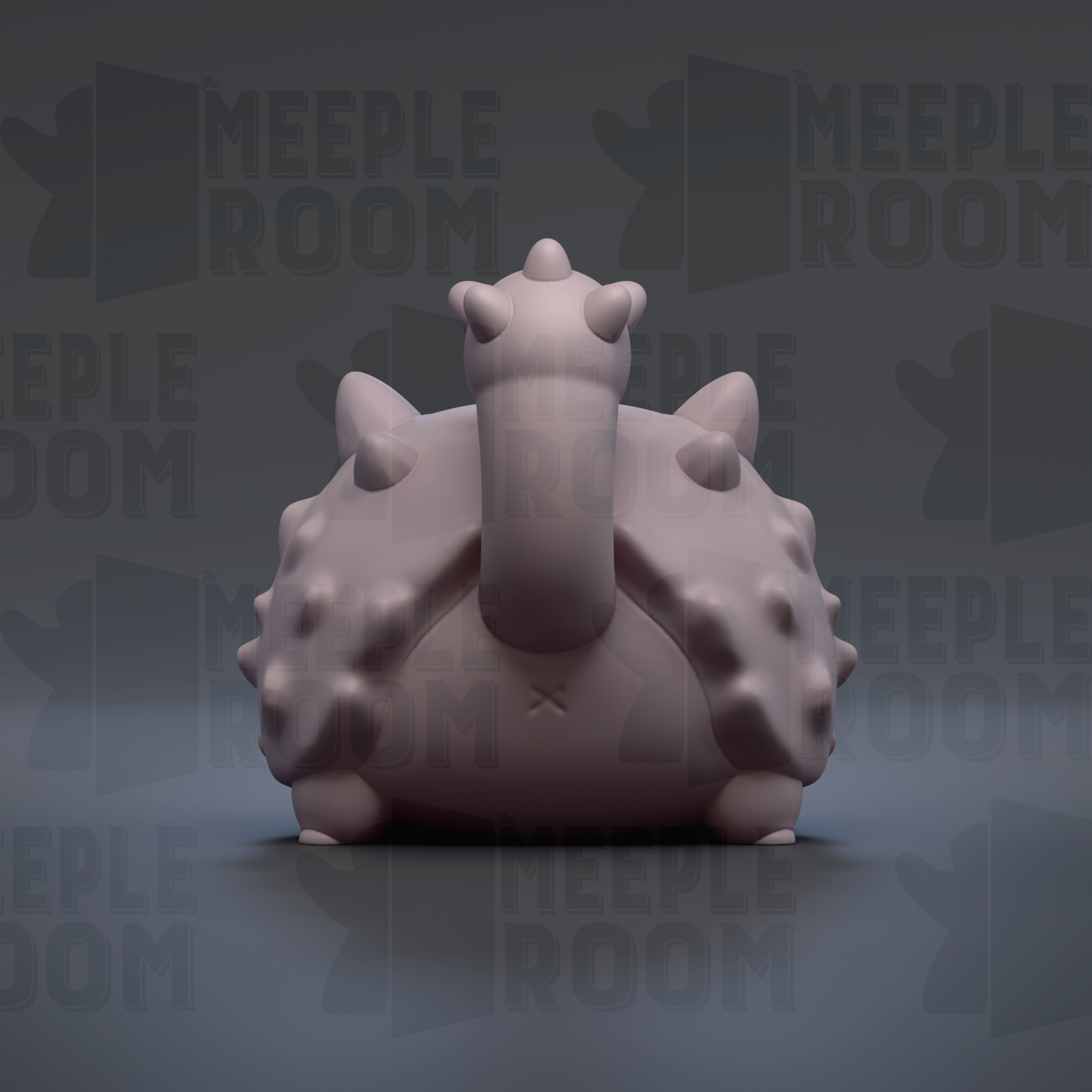 A 3D rendering of a stylized, abstract creature with a large head and spikes, set against a dark background with repeated text.
