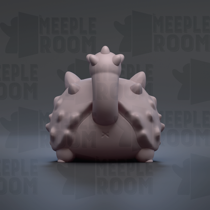 A 3D rendering of a stylized, abstract creature with a large head and spikes, set against a dark background with repeated text.