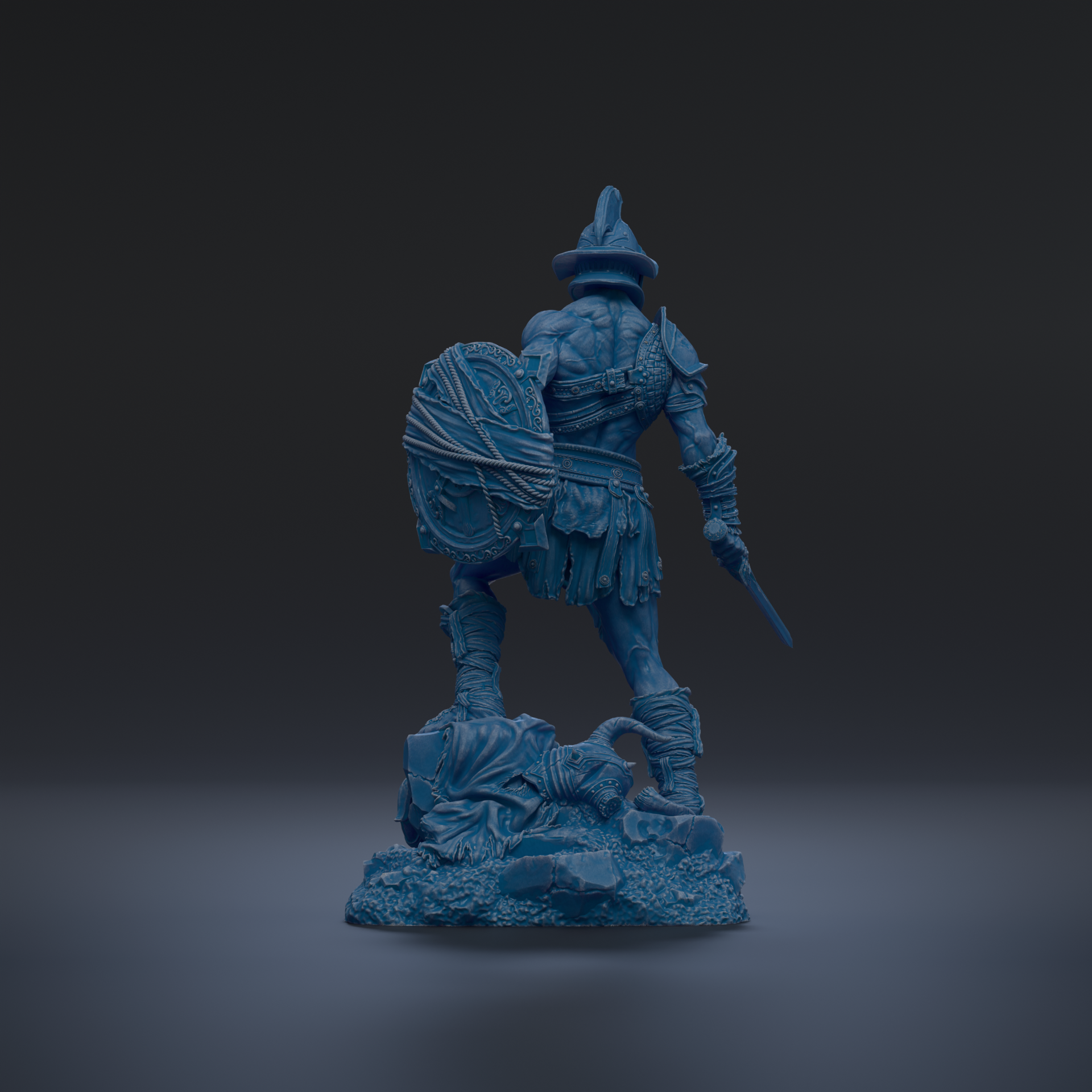 A blue statue of a warrior standing on a rock, holding a shield and sword.