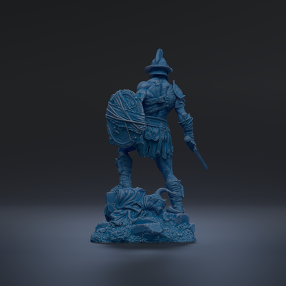 A blue statue of a warrior standing on a rock, holding a shield and sword.