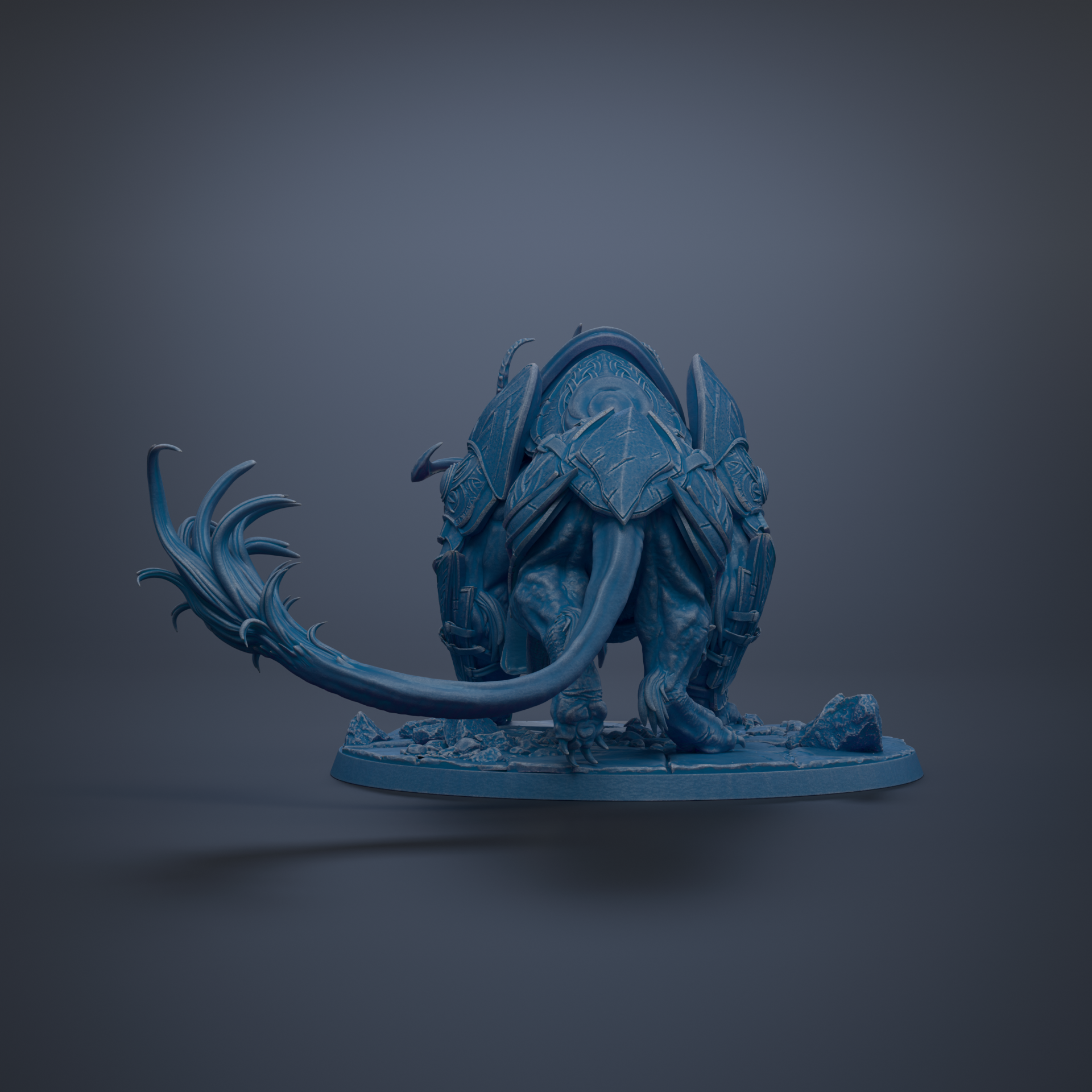 A 3D rendering of a blue, fantastical creature with a long, curved tail and sharp, pointed features, standing on a platform against a dark background.