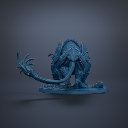A 3D rendering of a blue, fantastical creature with a long, curved tail and sharp, pointed features, standing on a platform against a dark background.