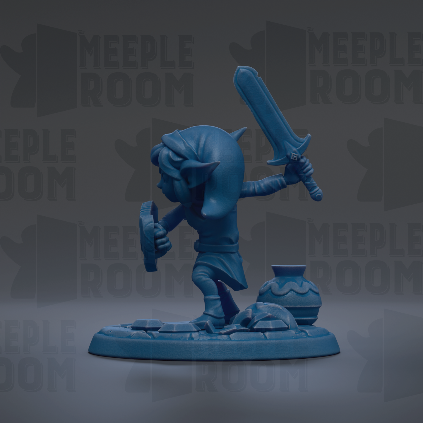 A blue figurine of Link, the protagonist from the Legend of Zelda video game series, is depicted holding a sword and standing on a platform.