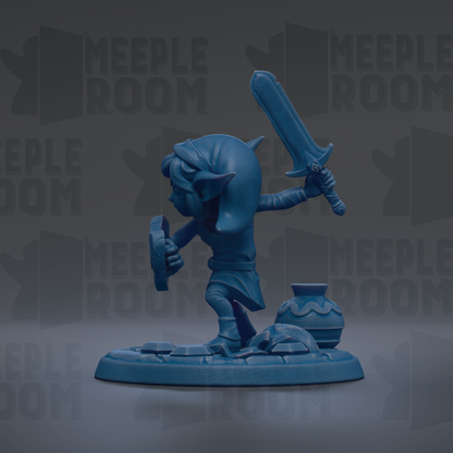 A blue figurine of Link, the protagonist from the Legend of Zelda video game series, is depicted holding a sword and standing on a platform.