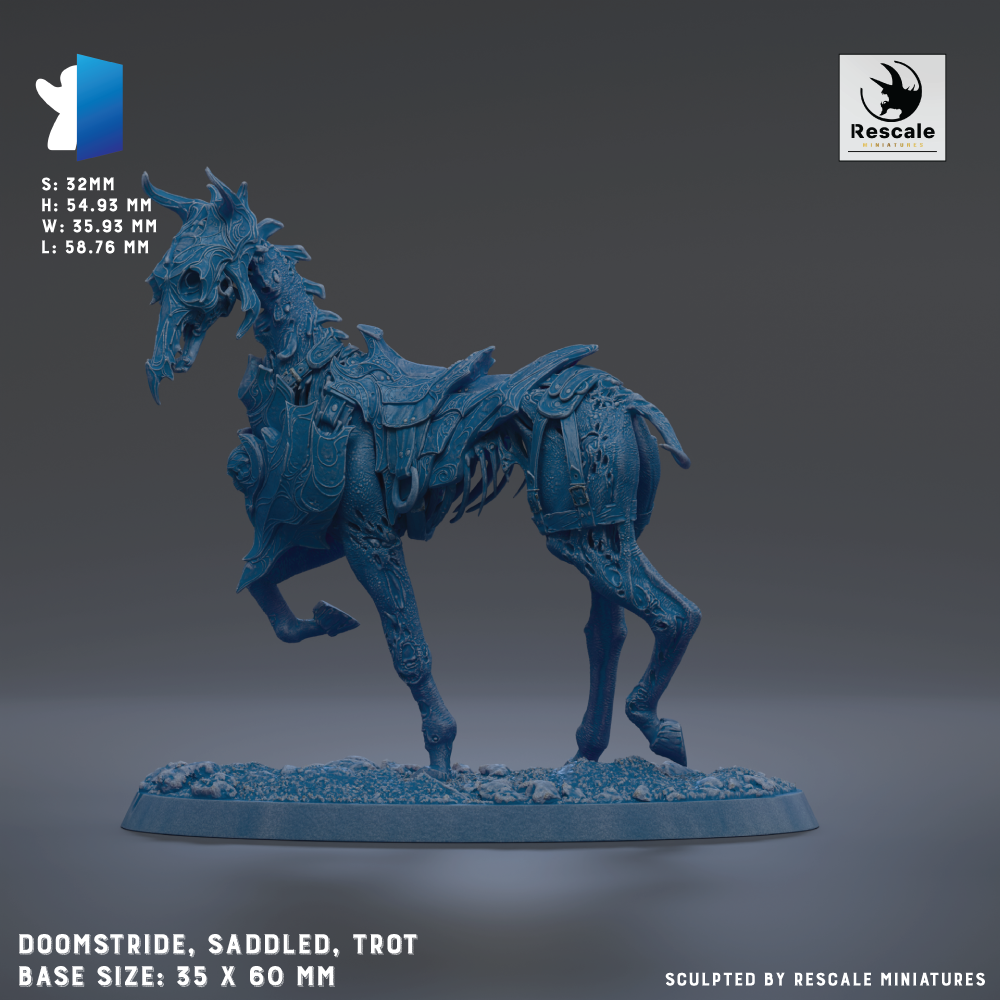 a blue, intricate, and detailed model of a horse, specifically a trotting horse, with a saddle and a base size of 35 x 60 mm.