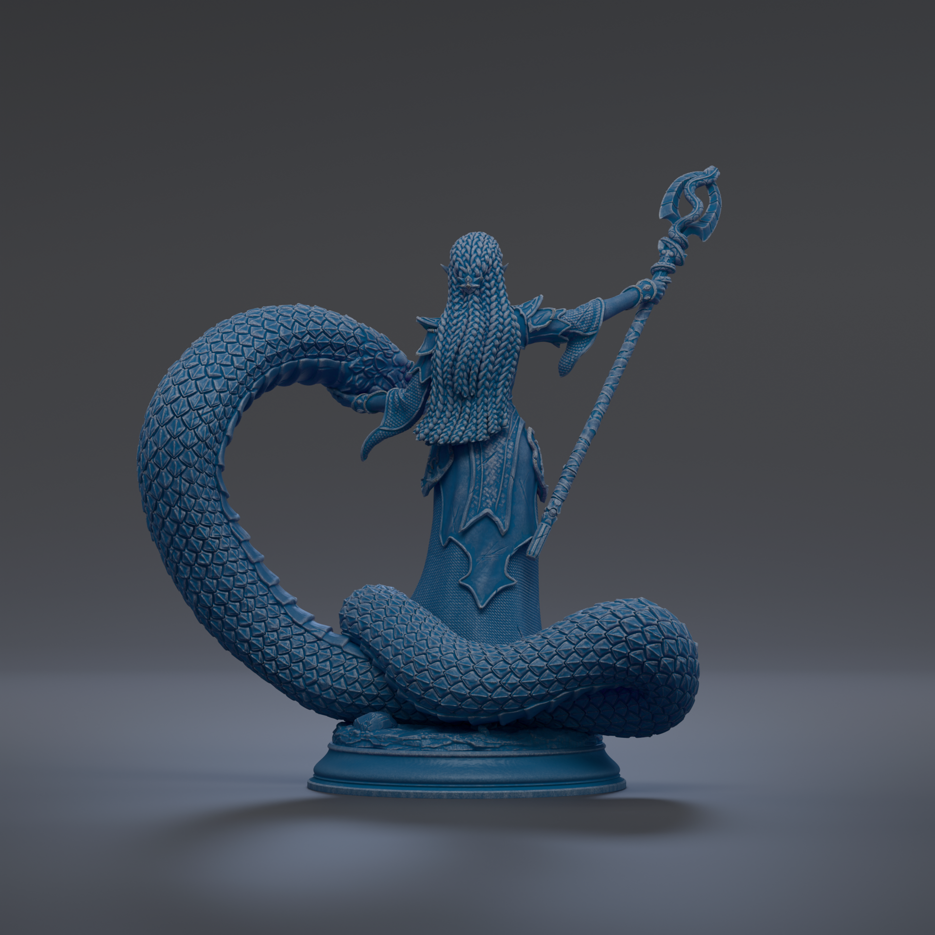 A 3D rendering of a blue statue depicting a figure with a long beard and holding a staff, standing on a platform with a snake coiled around it.