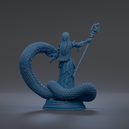 A 3D rendering of a blue statue depicting a figure with a long beard and holding a staff, standing on a platform with a snake coiled around it.