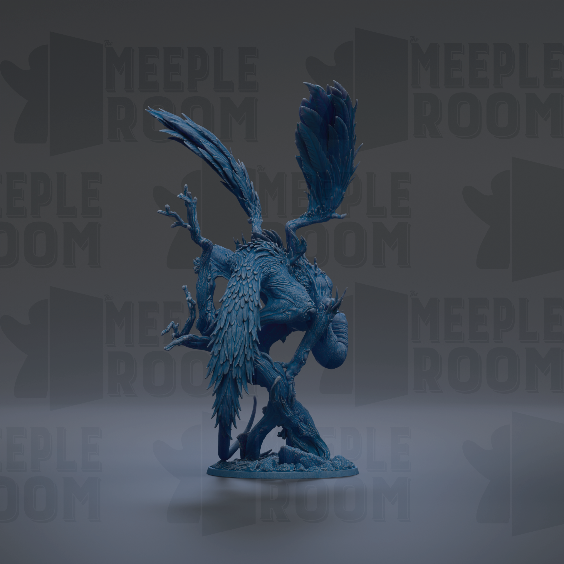 A blue, winged creature with intricate details stands prominently in the center of the image against a dark background.