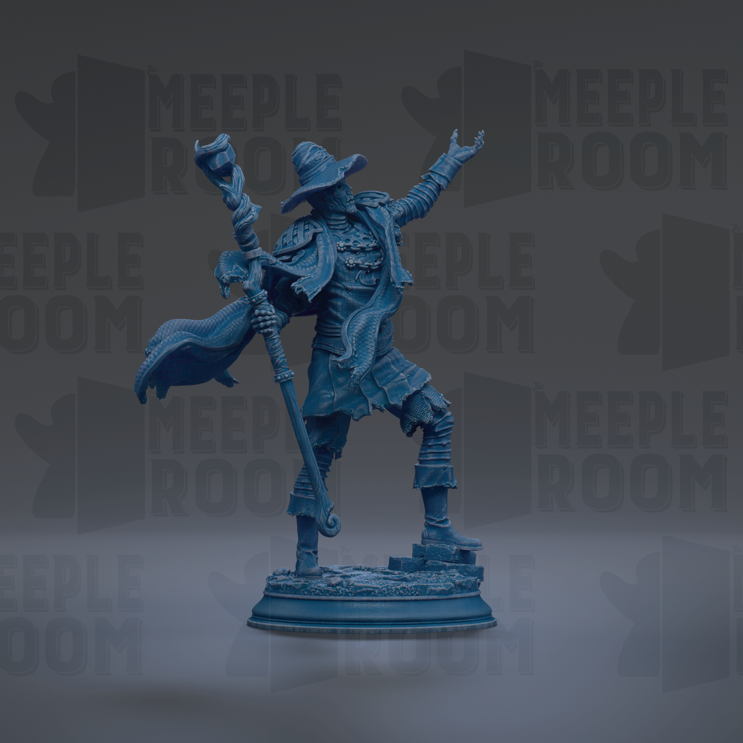 A blue figurine of a wizard or magical figure, holding a staff and wearing a hat, standing on a pedestal against a dark background with repeated text.
