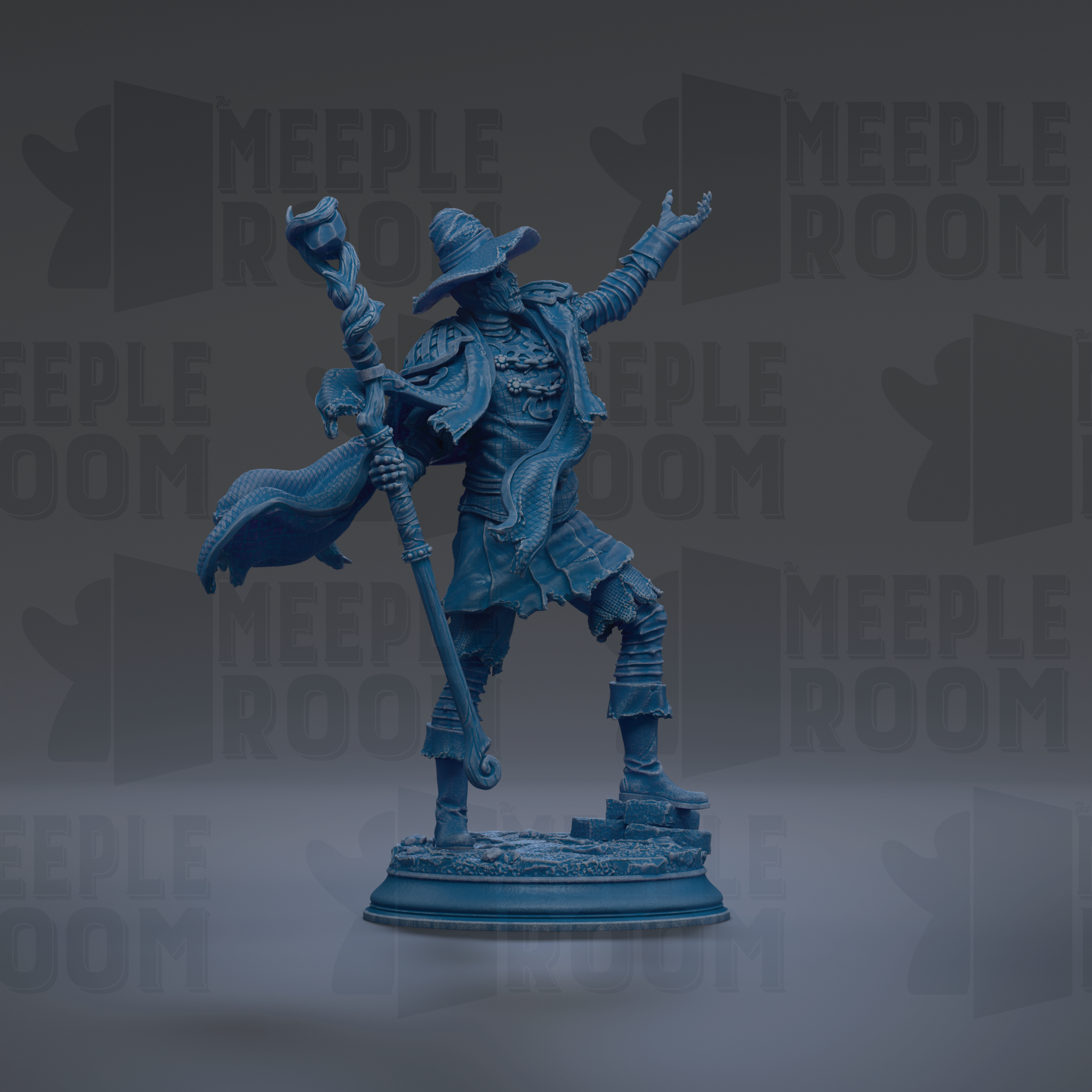 A blue figurine of a wizard or magical figure, holding a staff and wearing a hat, standing on a pedestal against a dark background with repeated text.