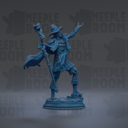 A blue figurine of a wizard or magical figure, holding a staff and wearing a hat, standing on a pedestal against a dark background with repeated text.