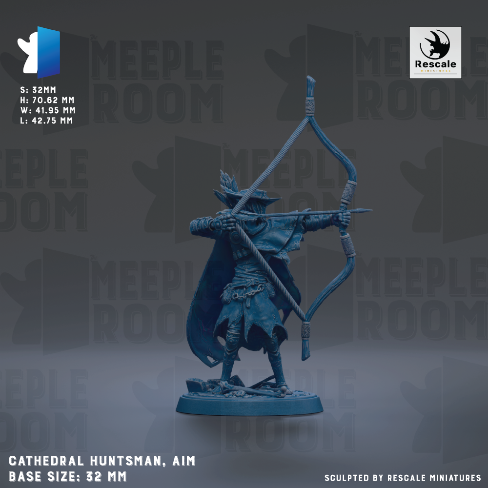 A figurine of a cathedral monk holding a bow and arrow, with the caption "Cathedral monk, aim" and the base size of 32mm.