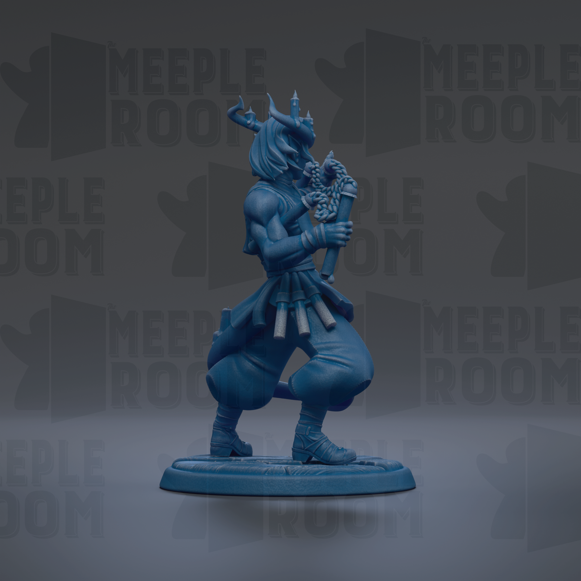 A blue figurine of a warrior-like character with horns and a sword, standing on a base against a dark background with repeated text.